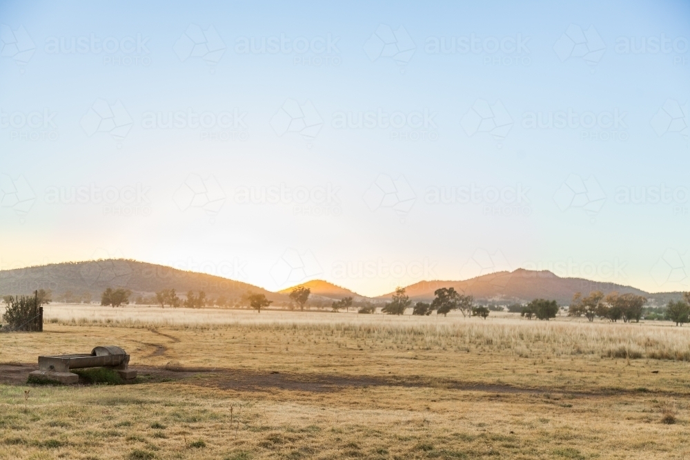 Water trough in dry farm paddock at sunrise - Australian Stock Image
