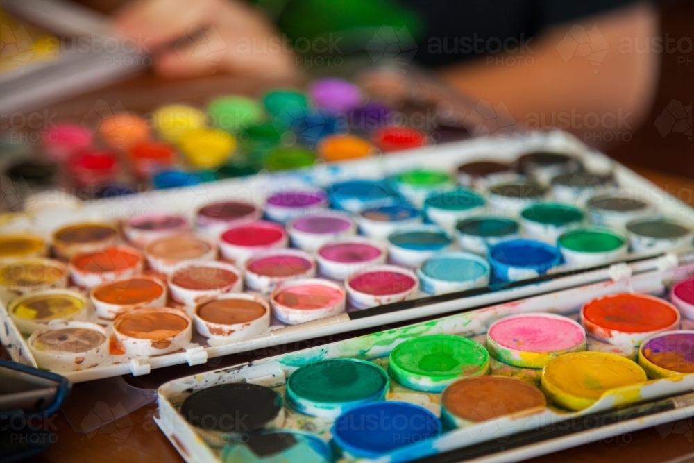 Image of Watercolour art palette with bright paint colours Austockphoto