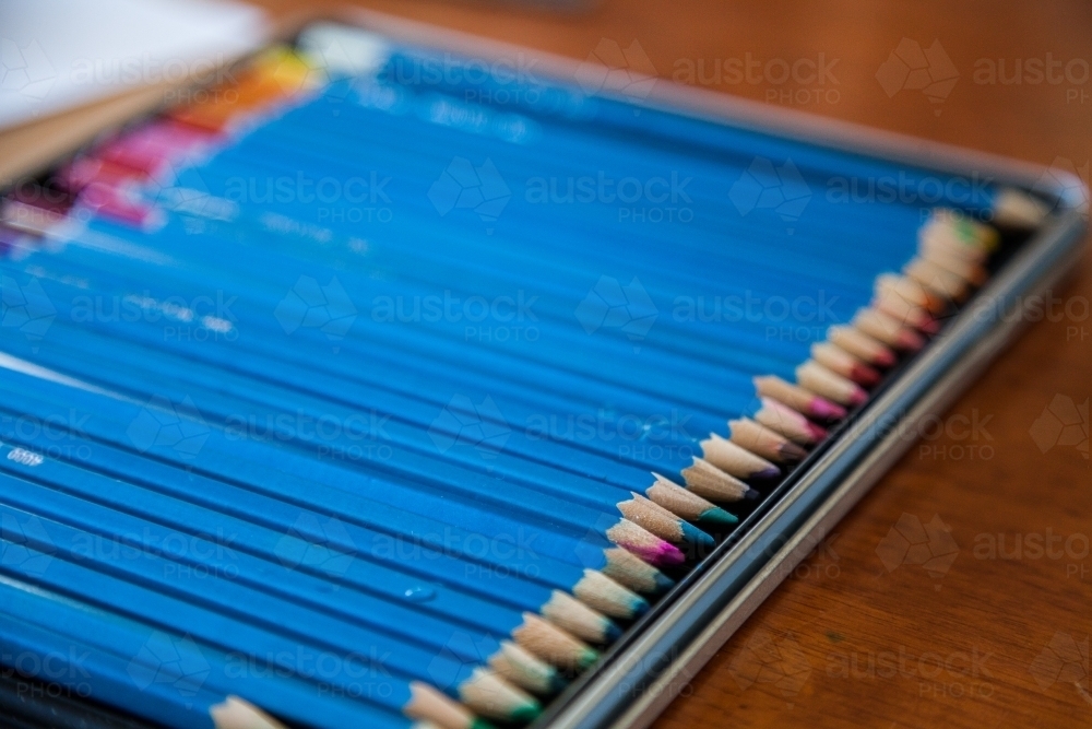 Watercolour art pencils in box - Australian Stock Image