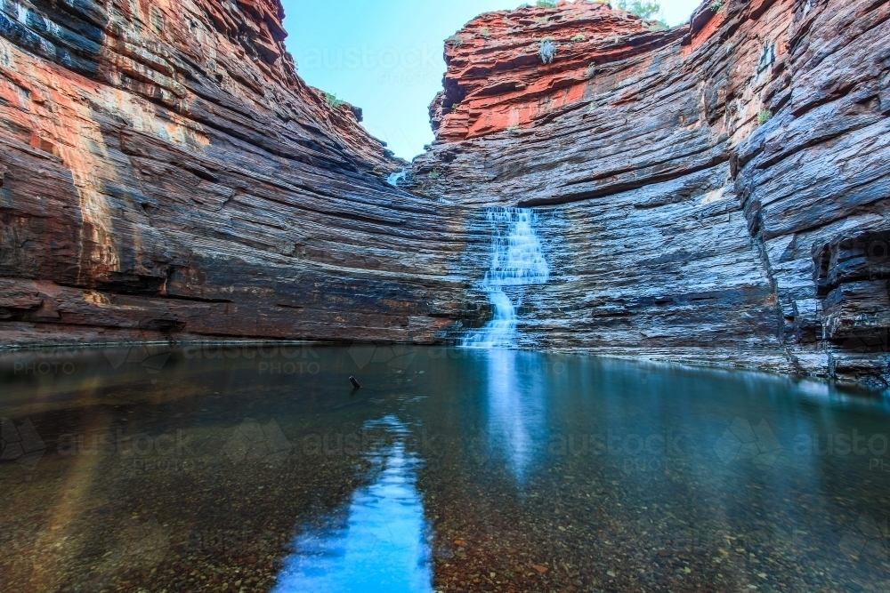 Waterfall and pool at bottom of rocky gorge - Australian Stock Image