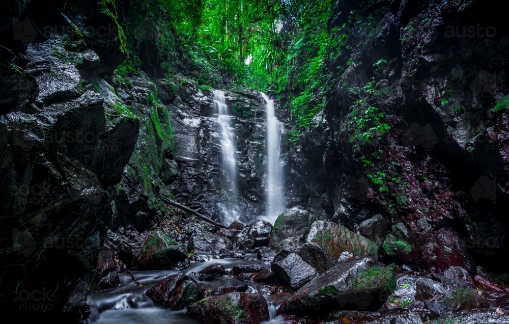 Waterfall cascading down mossy rocks in lush rain forest - Australian Stock Image
