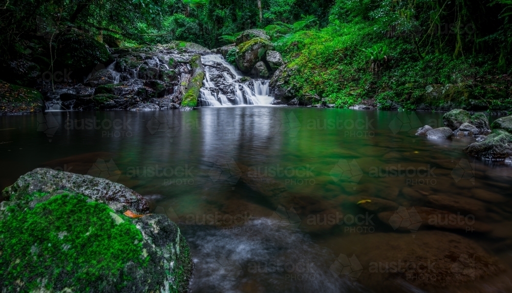 Waterfall in green luscious forest - Australian Stock Image