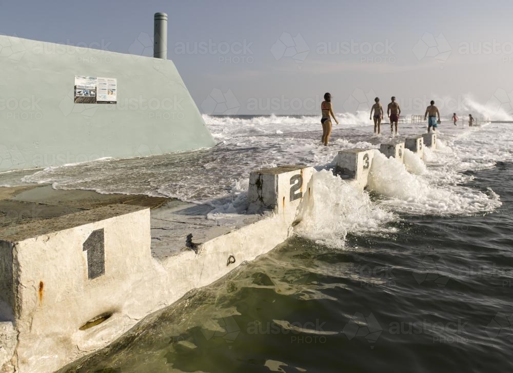 Waves crashing over wall at Newcastle Ocean Baths 06 - Australian Stock Image