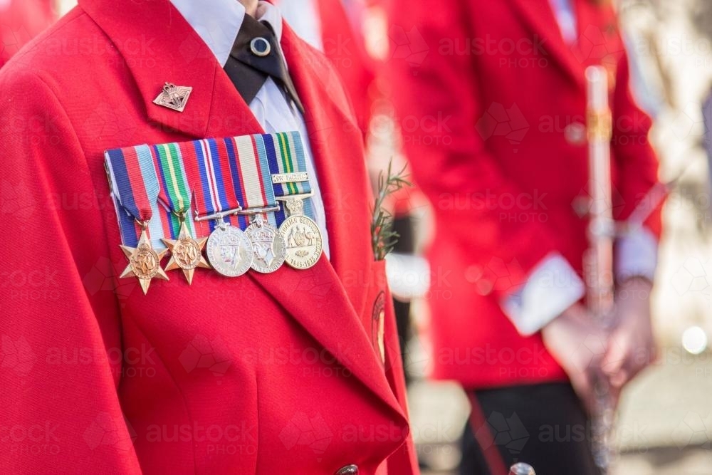 Image of Wearing grandfathers war medals in the ANZAC Day march Austockphoto