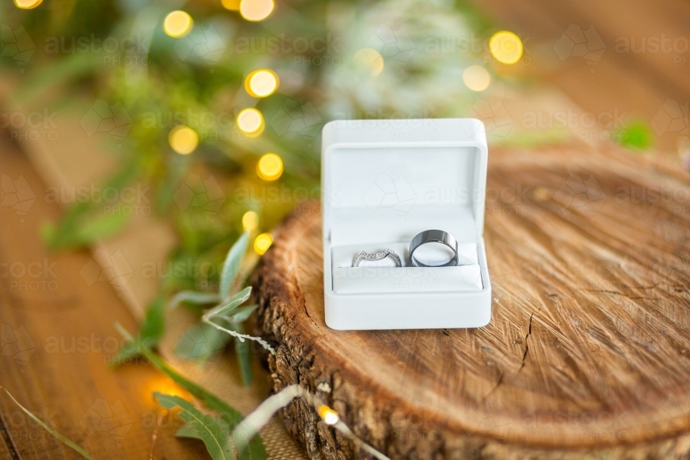 Wedding rings in a box together before the ceremony - Australian Stock Image