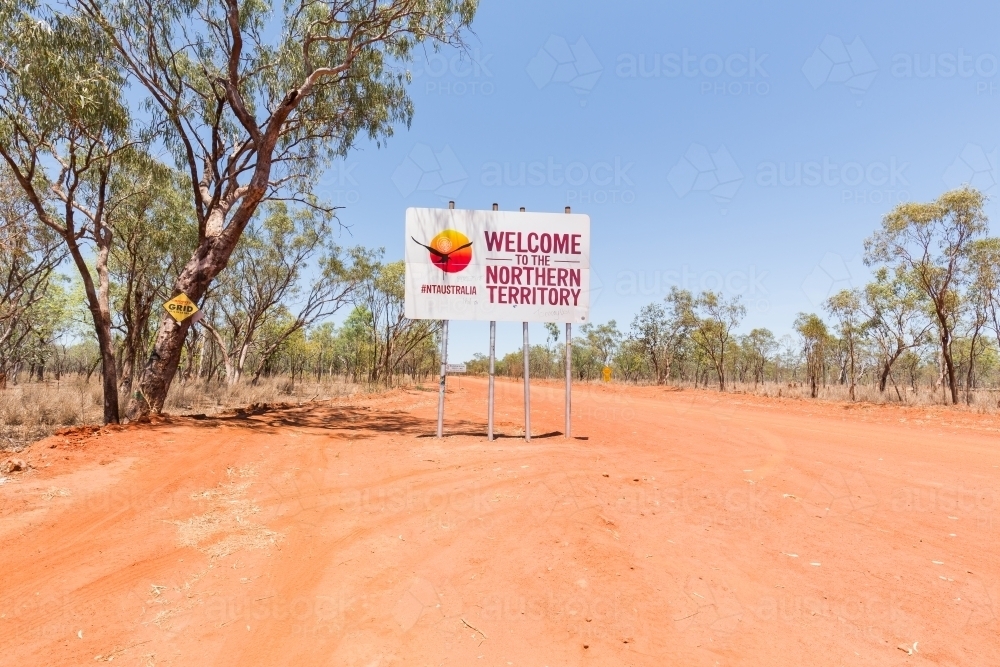 Welcome to Northern Territory NT road sign on Savannah Way - Australian Stock Image