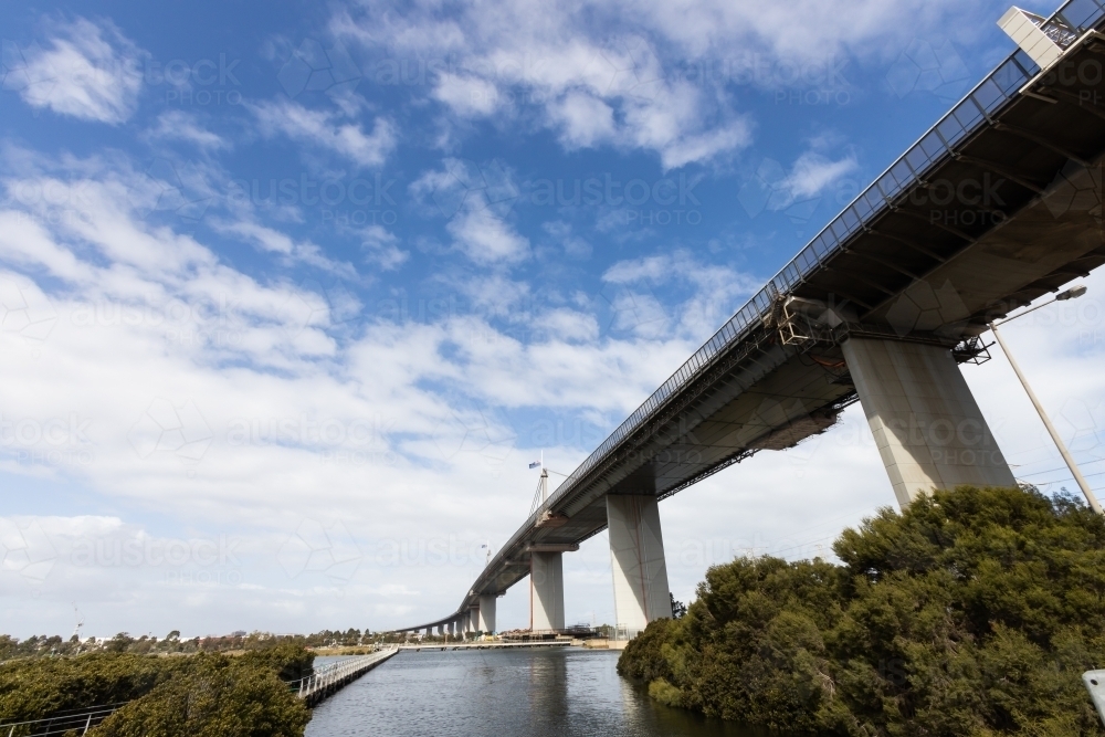 Westgate Bridge in Melbourne Australia with flag at half mast due to the death of Prince Philip - Australian Stock Image
