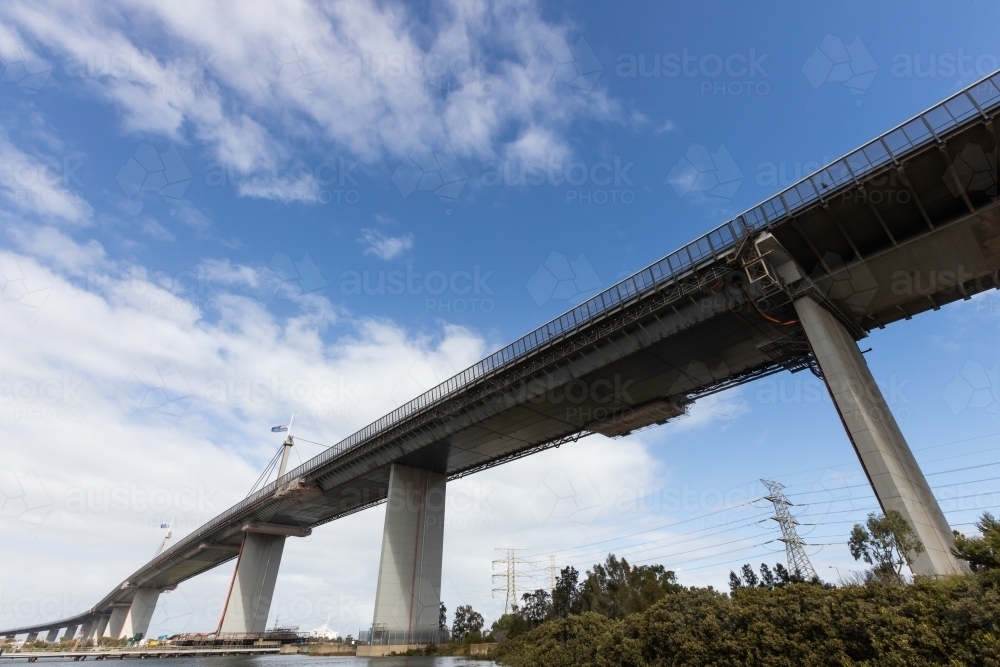 Westgate Bridge in Melbourne Australia with flag at half mast due to the death of Prince Philip - Australian Stock Image