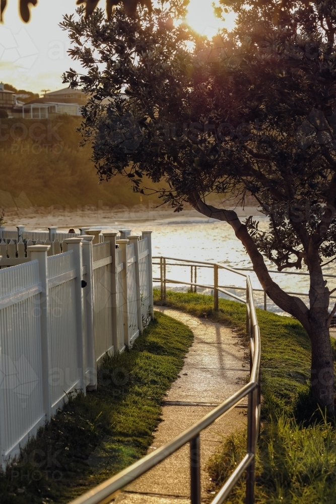 White picket fence by the sea bathed in golden afternoon sunlight - Australian Stock Image