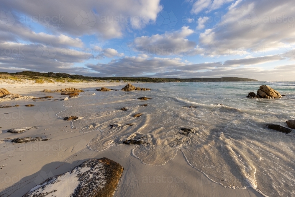 wide angle view of shoreline of Blossom Beach on Western Australia's south coast - Australian Stock Image
