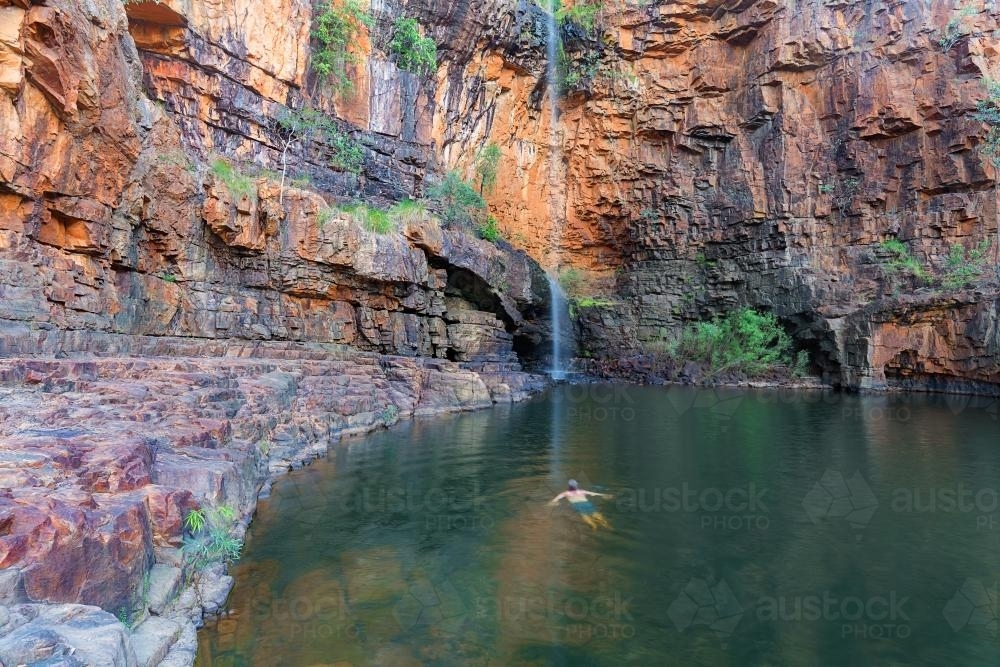 Wild swimming in the Lily Ponds Waterfall, Katherine Gorge - Australian Stock Image