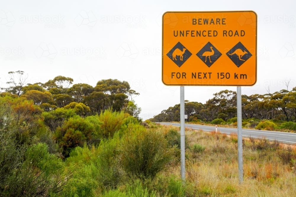 Wildlife warning signs on the Eyre Highway on the Nullarbor - Australian Stock Image