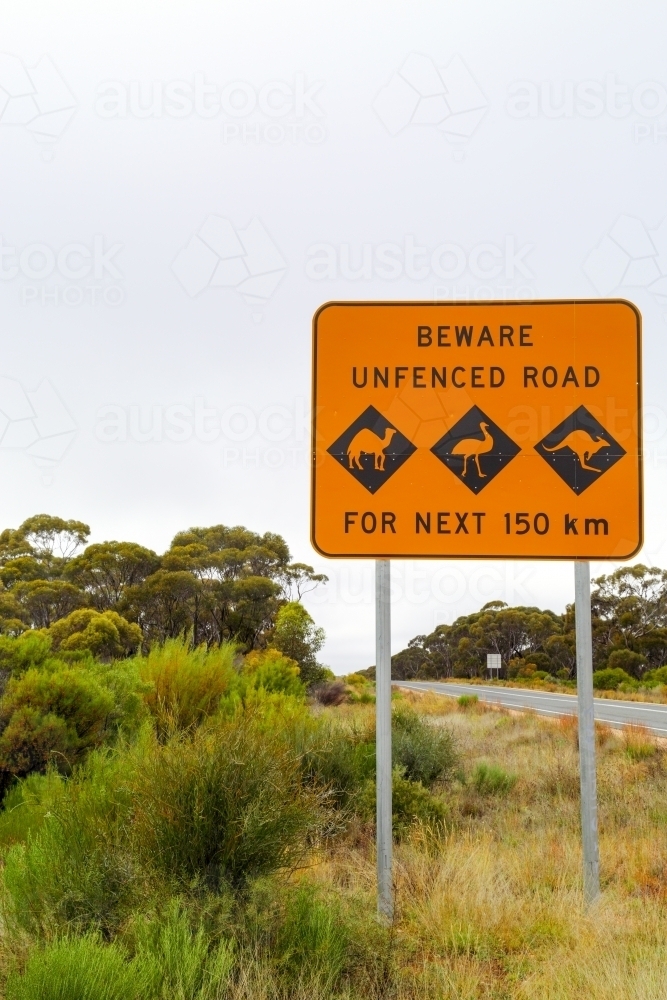 Wildlife warning signs on the Eyre Highway on the Nullarbor - Australian Stock Image