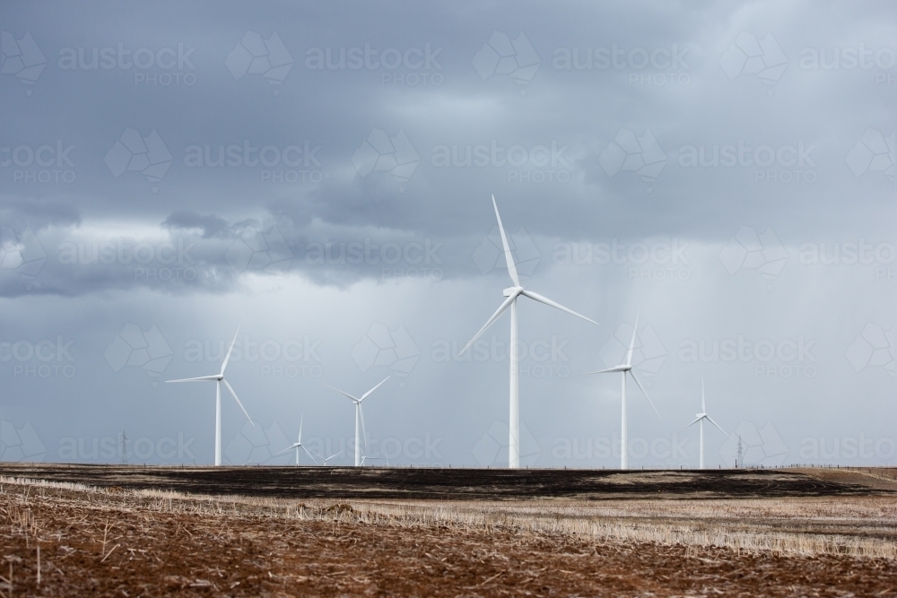 Wind farm in paddock with incoming storm - Australian Stock Image