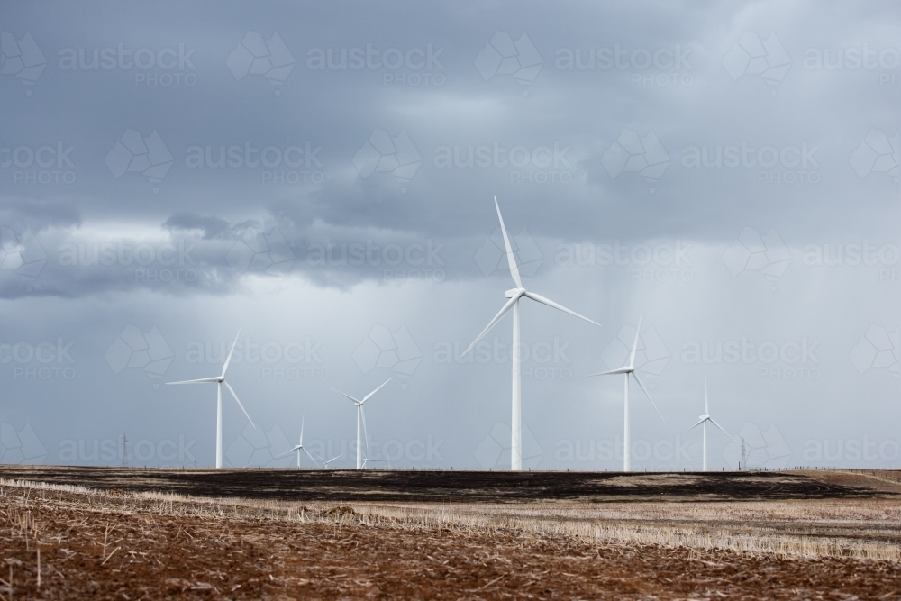 Wind farm in paddock with incoming storm - Australian Stock Image