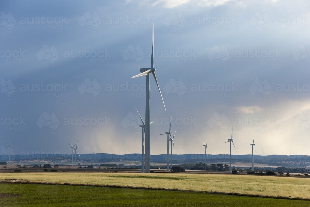 Wind farm in paddocks with approaching storm - Australian Stock Image