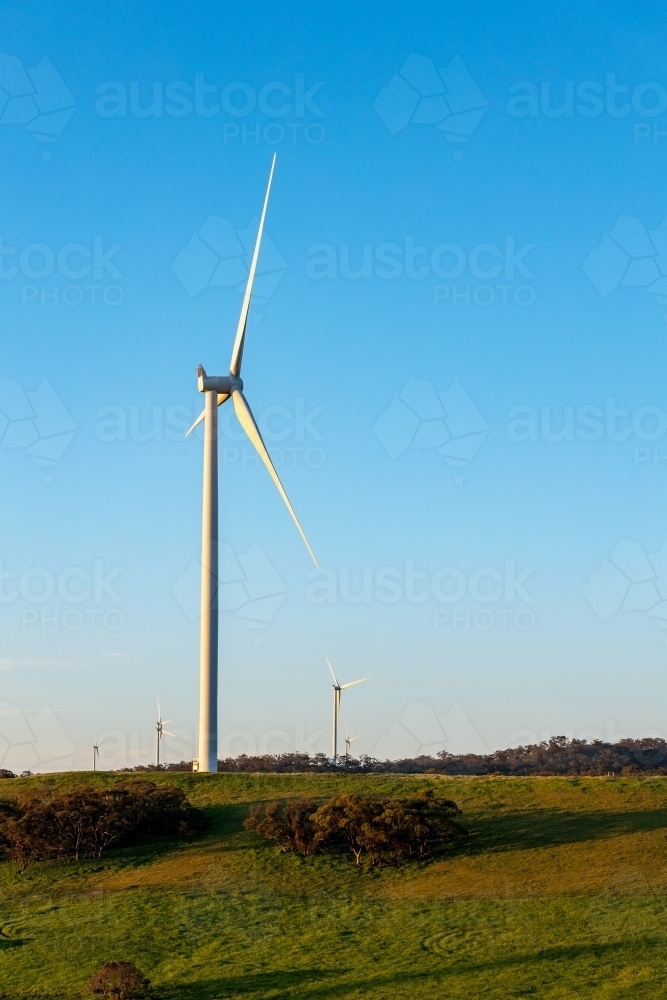 wind turbine on hill top with farmland in foreground, vertical - Australian Stock Image