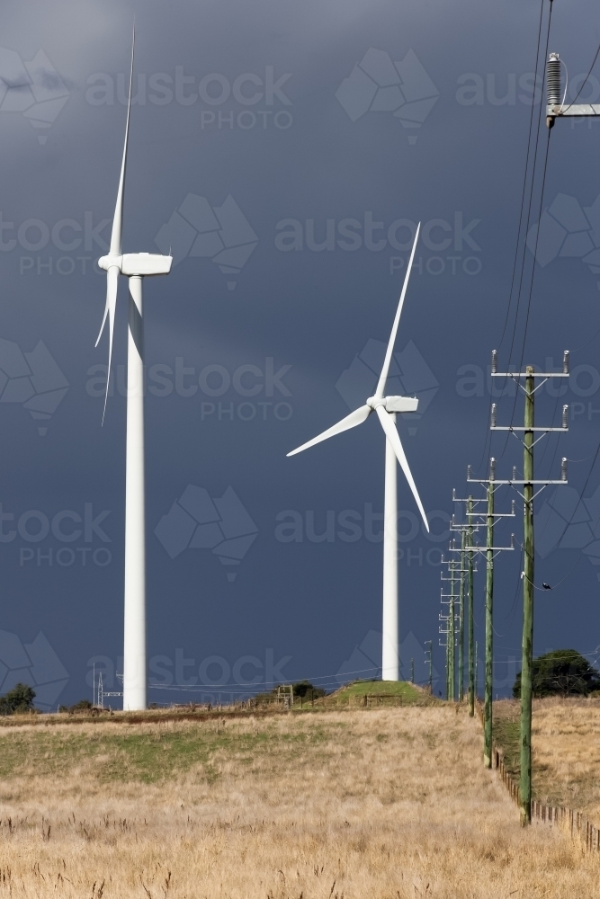 Wind turbines and power line in a paddock - Australian Stock Image