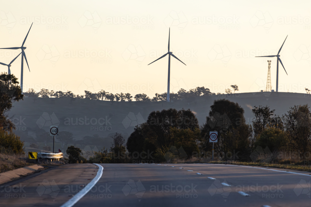 Wind Turbines in the Cullerin Range at sunset - Australian Stock Image