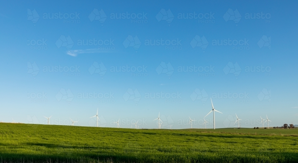 wind turbines on farmland against blue sky - Australian Stock Image