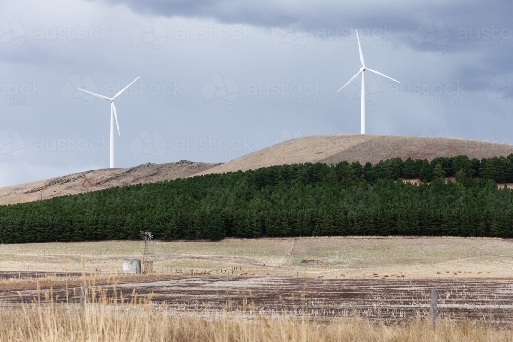 Wind turbines with windmill and paddocks in foreground - Australian Stock Image