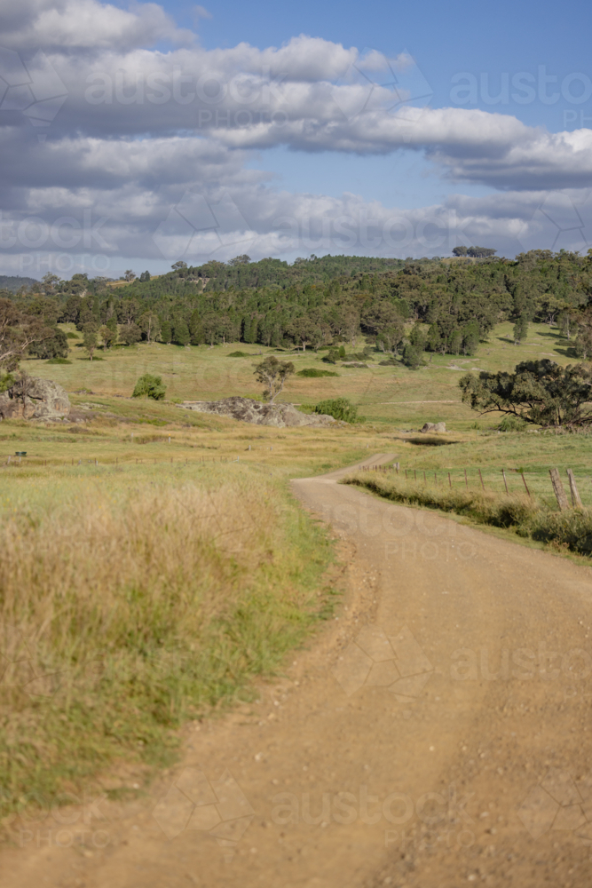 Image of Winding dirt road through rural landscape with green paddocks ...