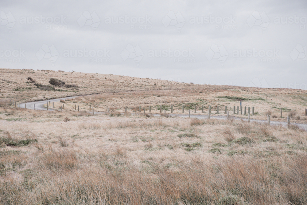 Winding track and posts through dry, grassy, rolling hills - Australian Stock Image