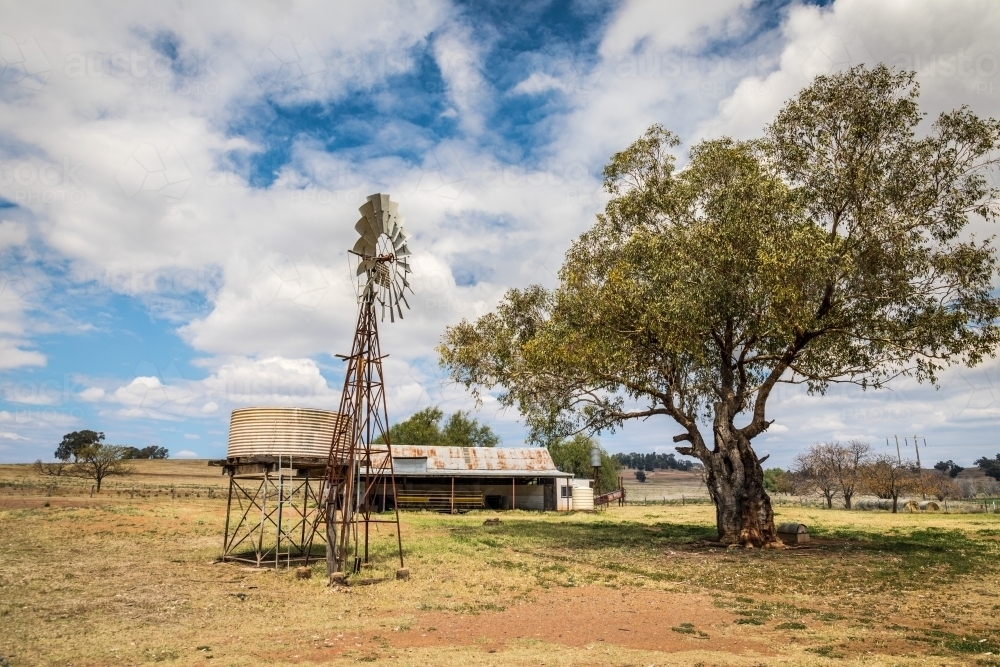 Windpump (windmill), water tank and haystack barn on a dry farmland property - Australian Stock Image