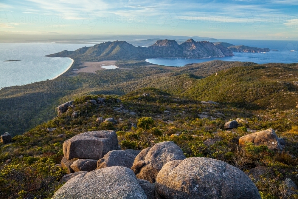 Wineglass Bay from Mt Graham- Freycinet National Park - Tasmania - Australian Stock Image