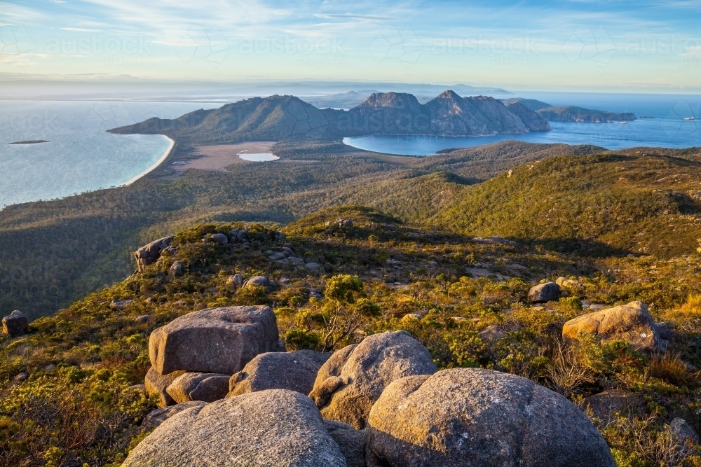 Wineglass Bay from Mt Graham- Freycinet National Park - Tasmania - Australian Stock Image