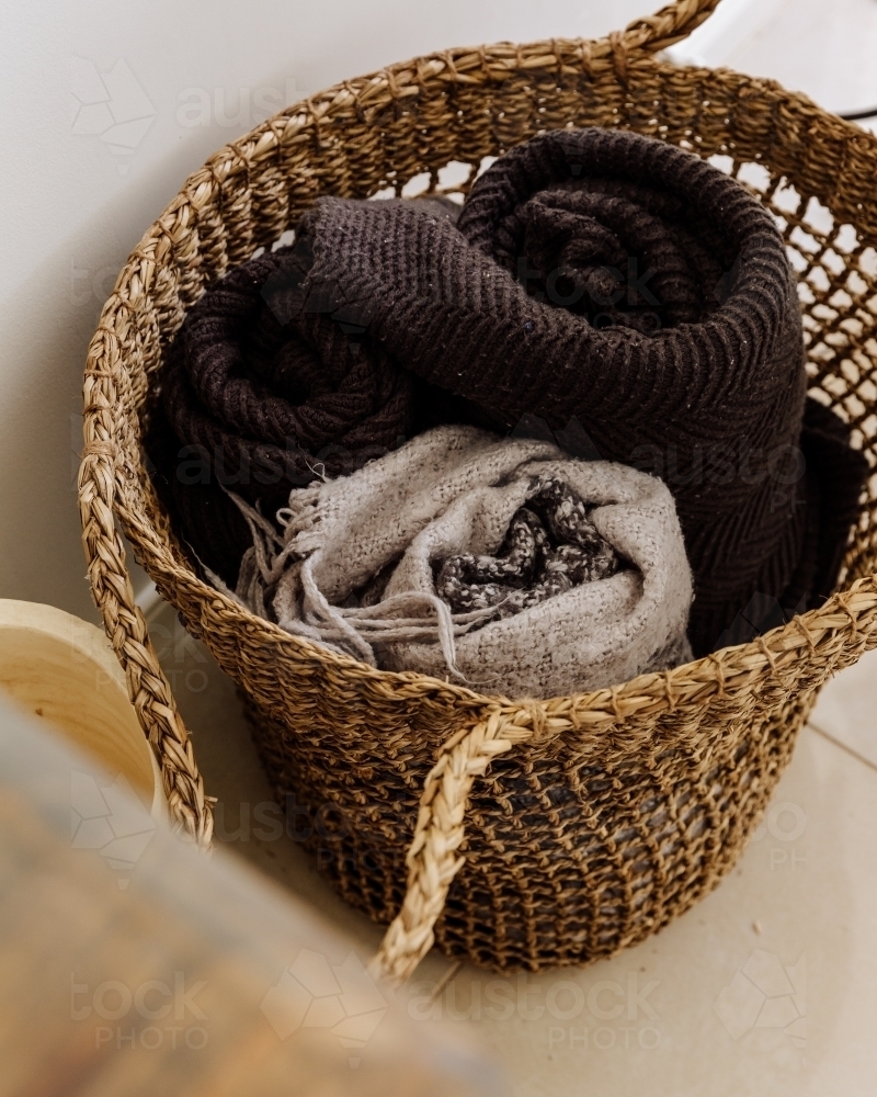 Winter Blankets in basket - Australian Stock Image