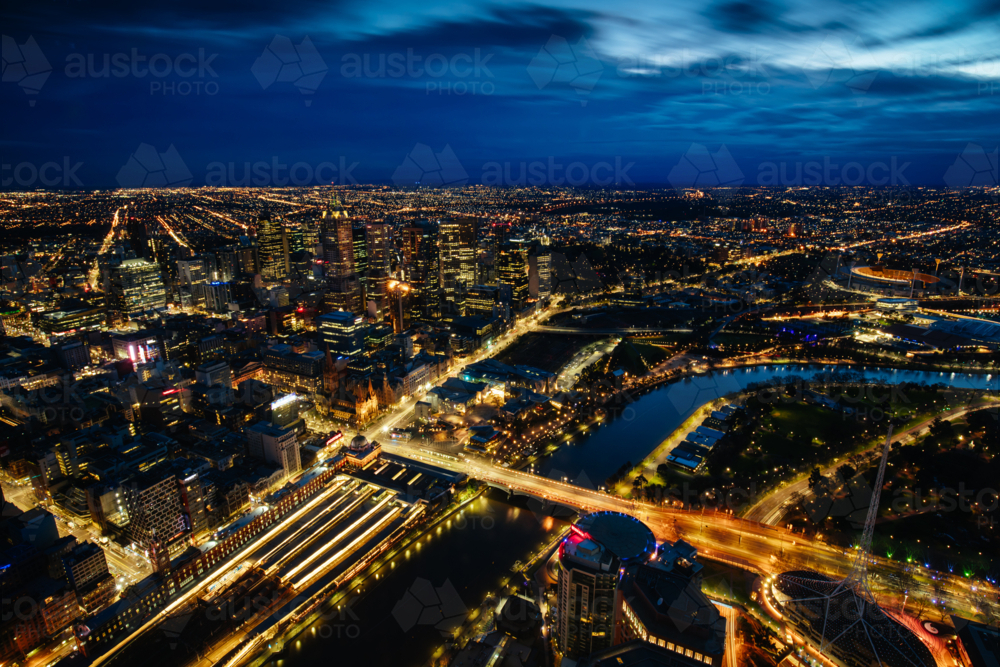 Winter pre dawn over Melbourne in Victoria, Australia lit up city - Australian Stock Image