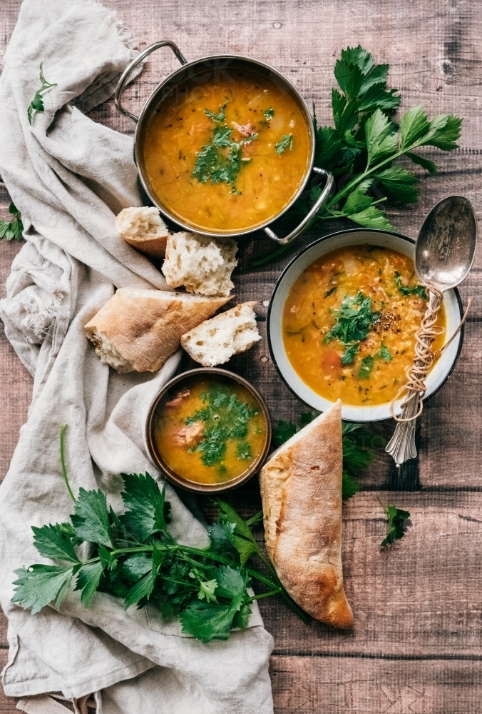 Winter soup and bread from above. - Australian Stock Image