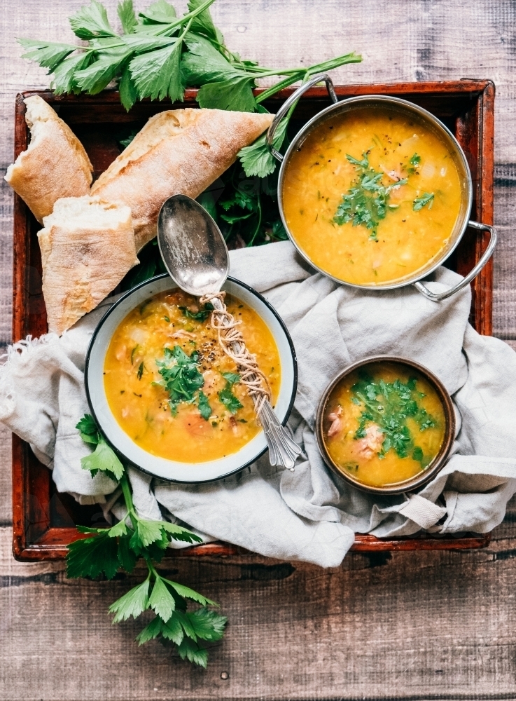 Winter soup with bread. - Australian Stock Image