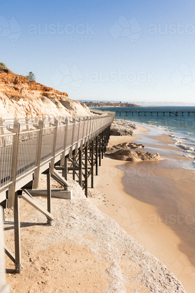 Witton Bluff Base Trail with Port Noarlunga Jetty in background - Australian Stock Image