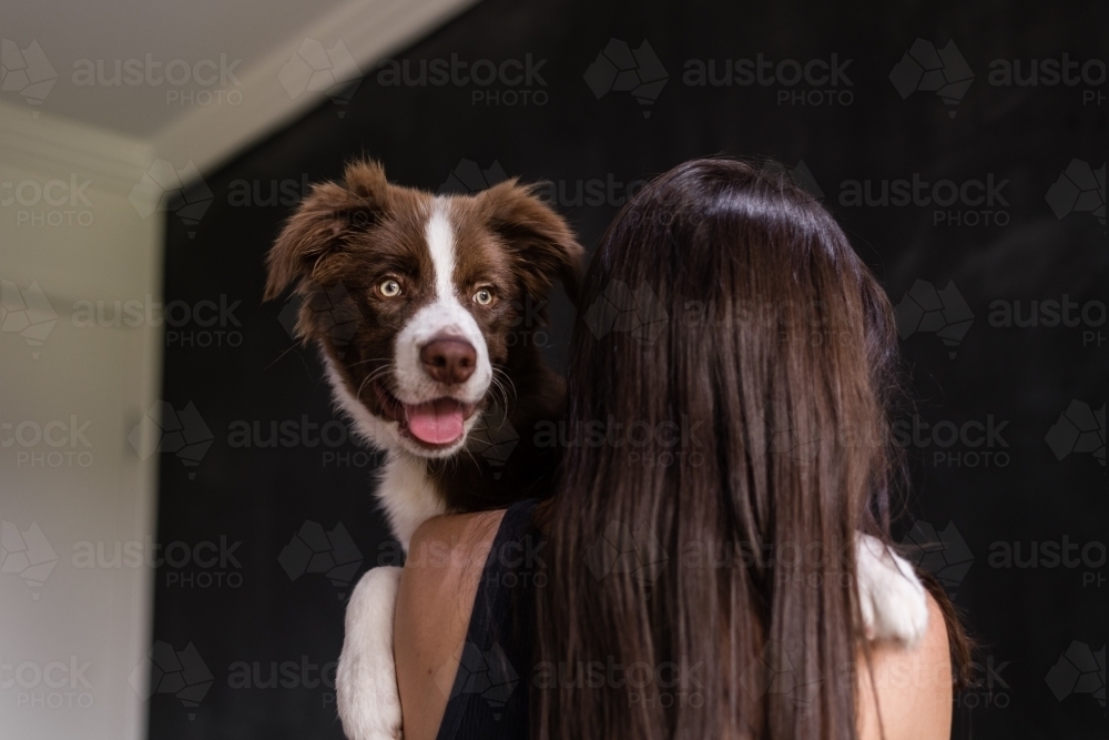 Image of woman holding dog on her shoulder Austockphoto