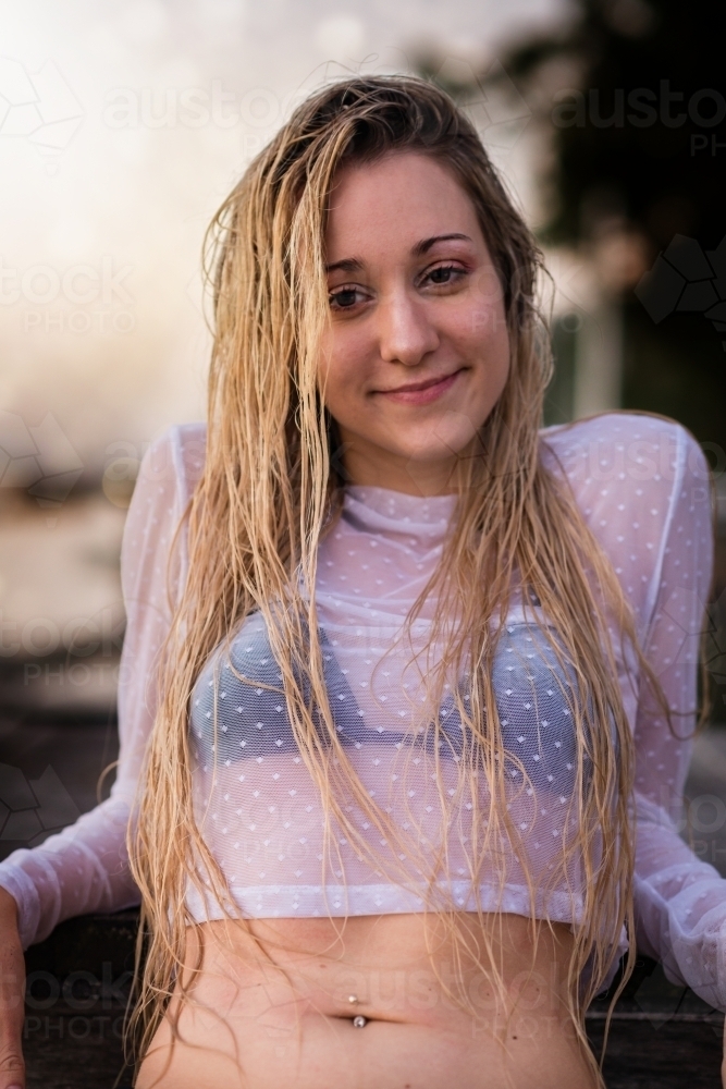 woman in bikini with long blonde hair - Australian Stock Image