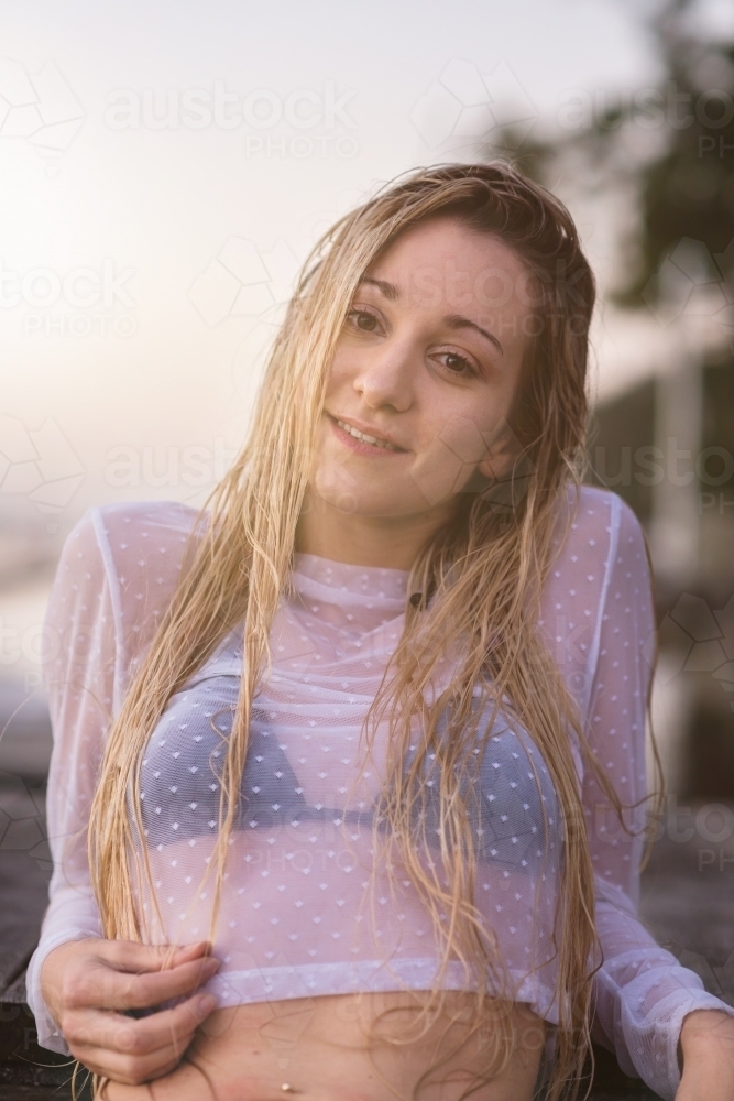 woman in bikini with long blonde hair - Australian Stock Image