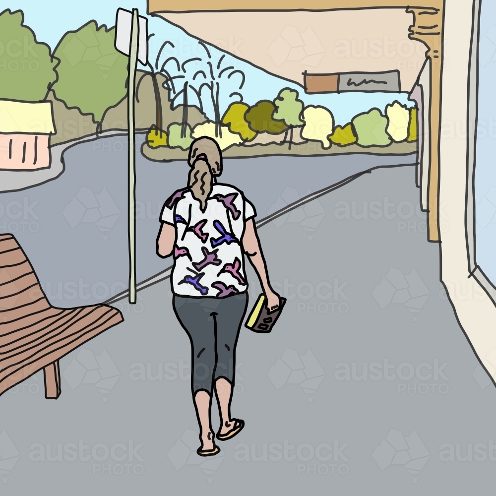 Woman in casual clothes walking alone on footpath past shopfronts with packet of biscuits in hand - Australian Stock Image