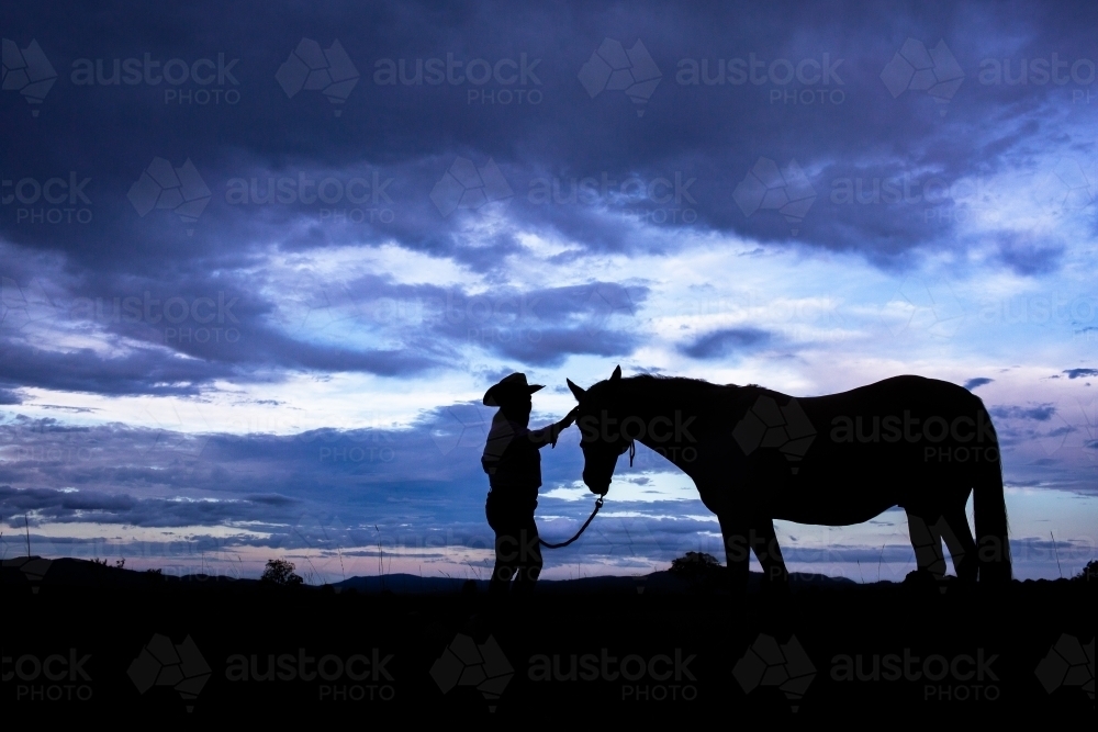woman patting horse in farm paddock at dusk with sunset cloudy sky behind - Australian Stock Image