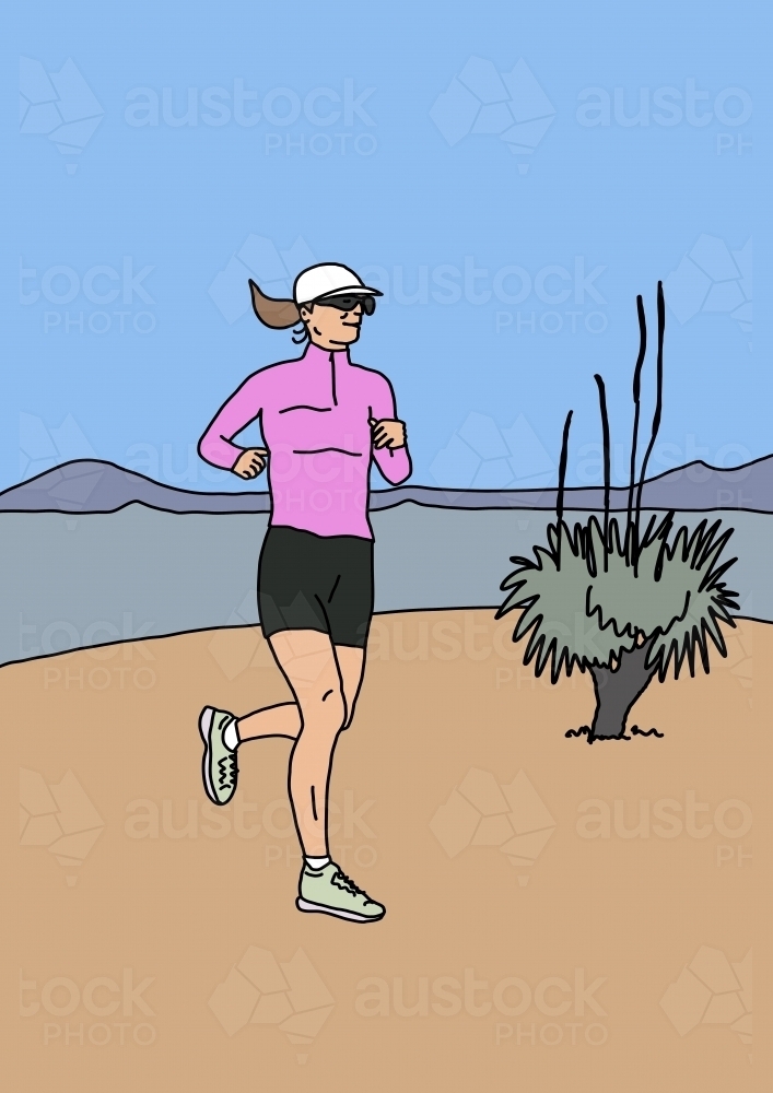 Woman running alone through Australian landscape with grass tree : Austockphoto Woman running alone through Australian landscape with grass tree - Australian Stock Image