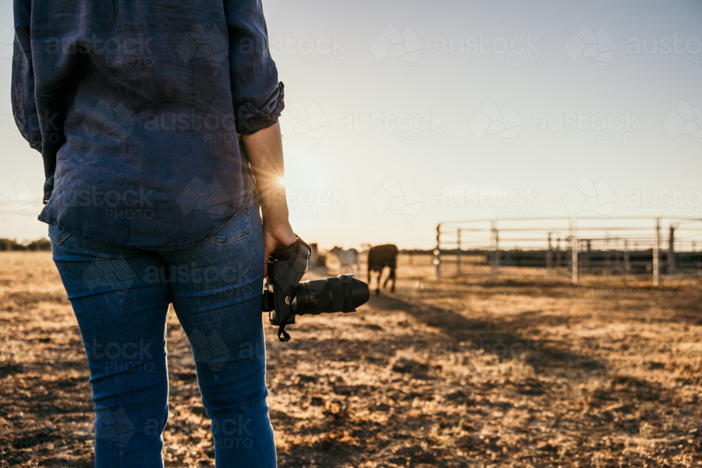 Woman standing in a dusty and dry grassy paddock holding a camera - Australian Stock Image