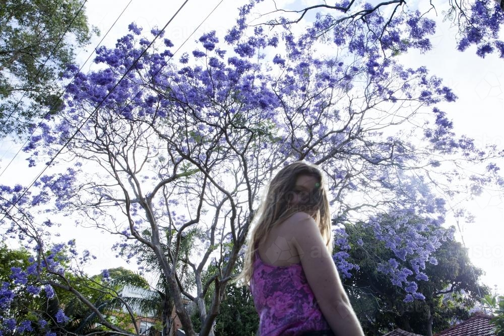 Woman standing in front of jacaranda tree - Australian Stock Image