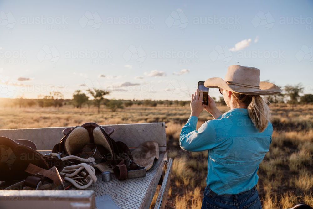 Woman taking pictures using her phone in dry grassy Australian paddock - Australian Stock Image