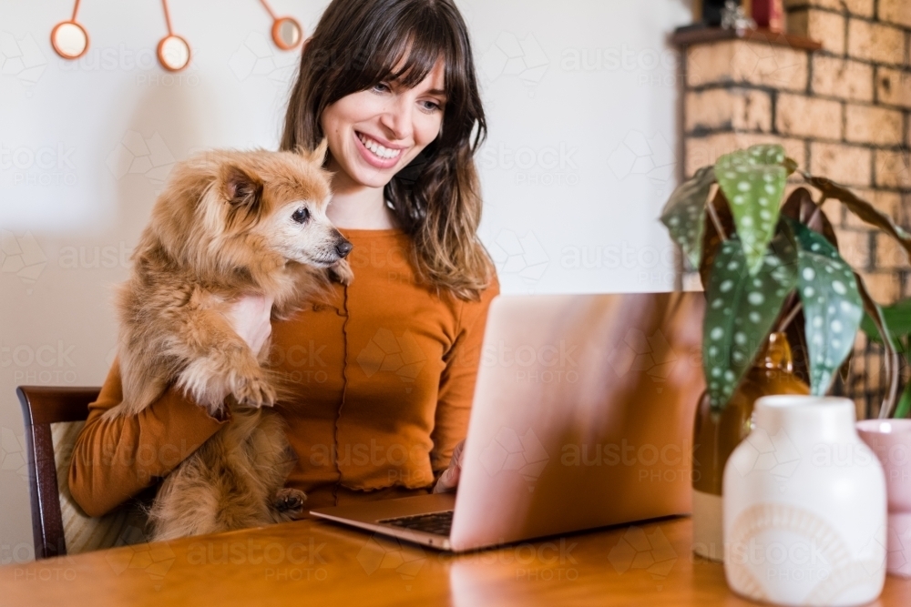 Image of woman using computer at home, with pet dog - Austockphoto