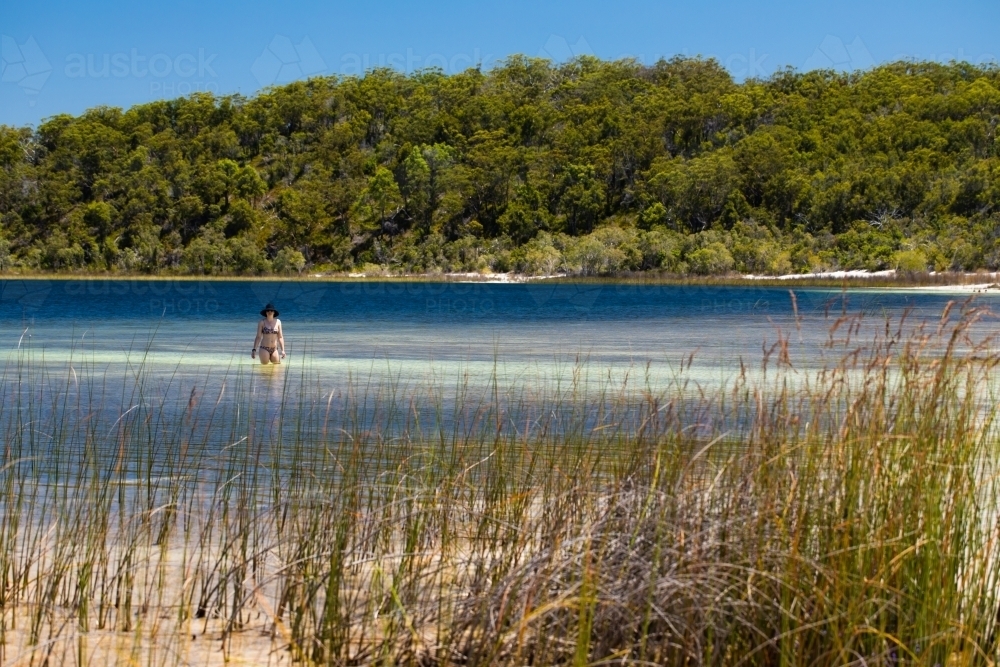 Woman wading along the shallow water of a lake - Australian Stock Image