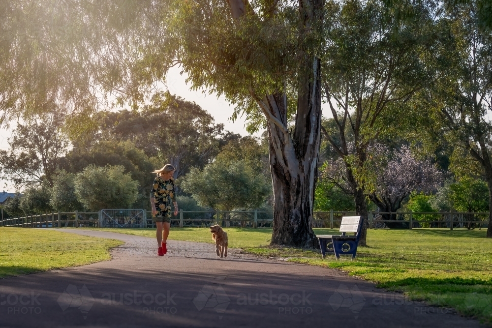 Woman walking with her dog in a park - Australian Stock Image