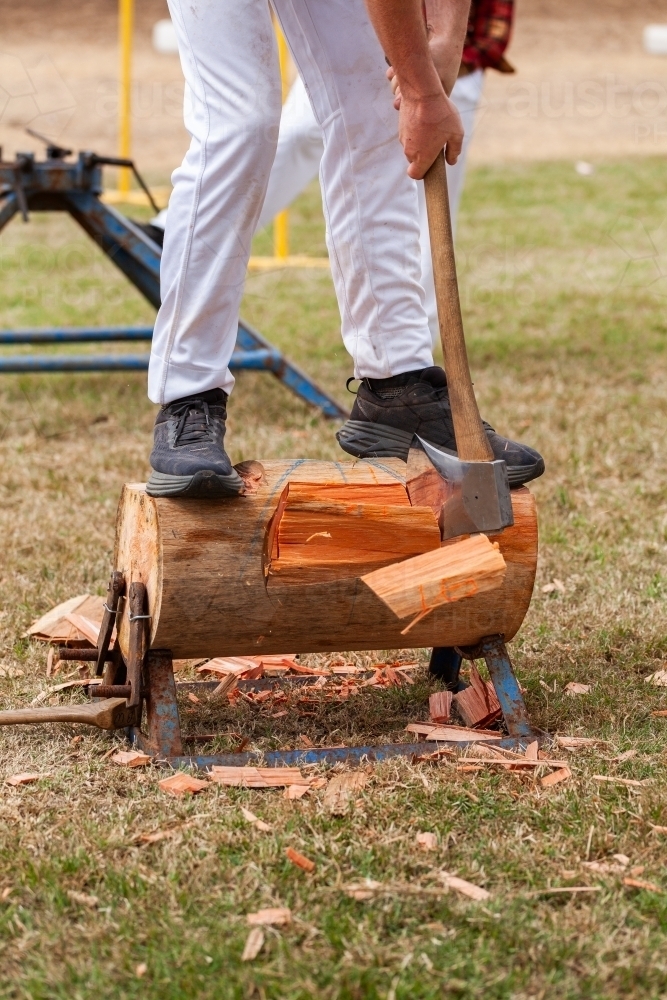 Wood chop competition at local country show in action - Australian Stock Image
