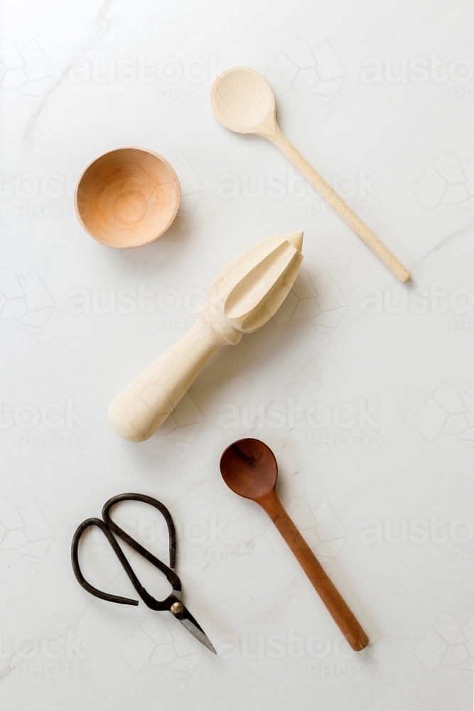 Wooden Kitchen utensils and scissors - Australian Stock Image
