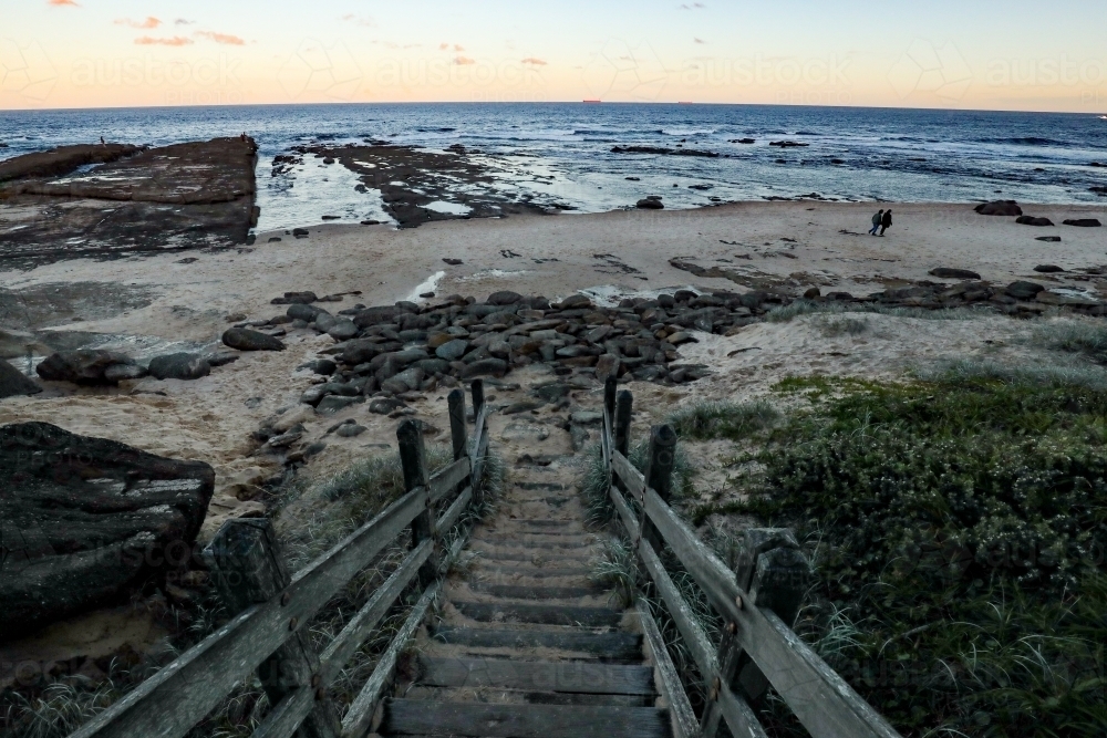 Wooden stairway leading to beach at Norah Head lighthouse, New South Wales Australia - Australian Stock Image